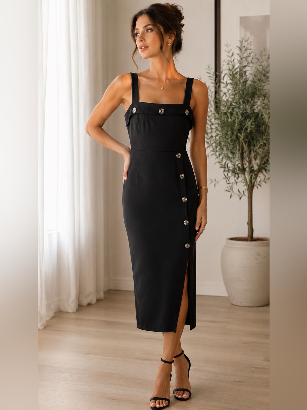STELLA LUCE SLEEK BLACK MIDI DRESS WITH BUTTON-TRIM STRAPS - SIZE M